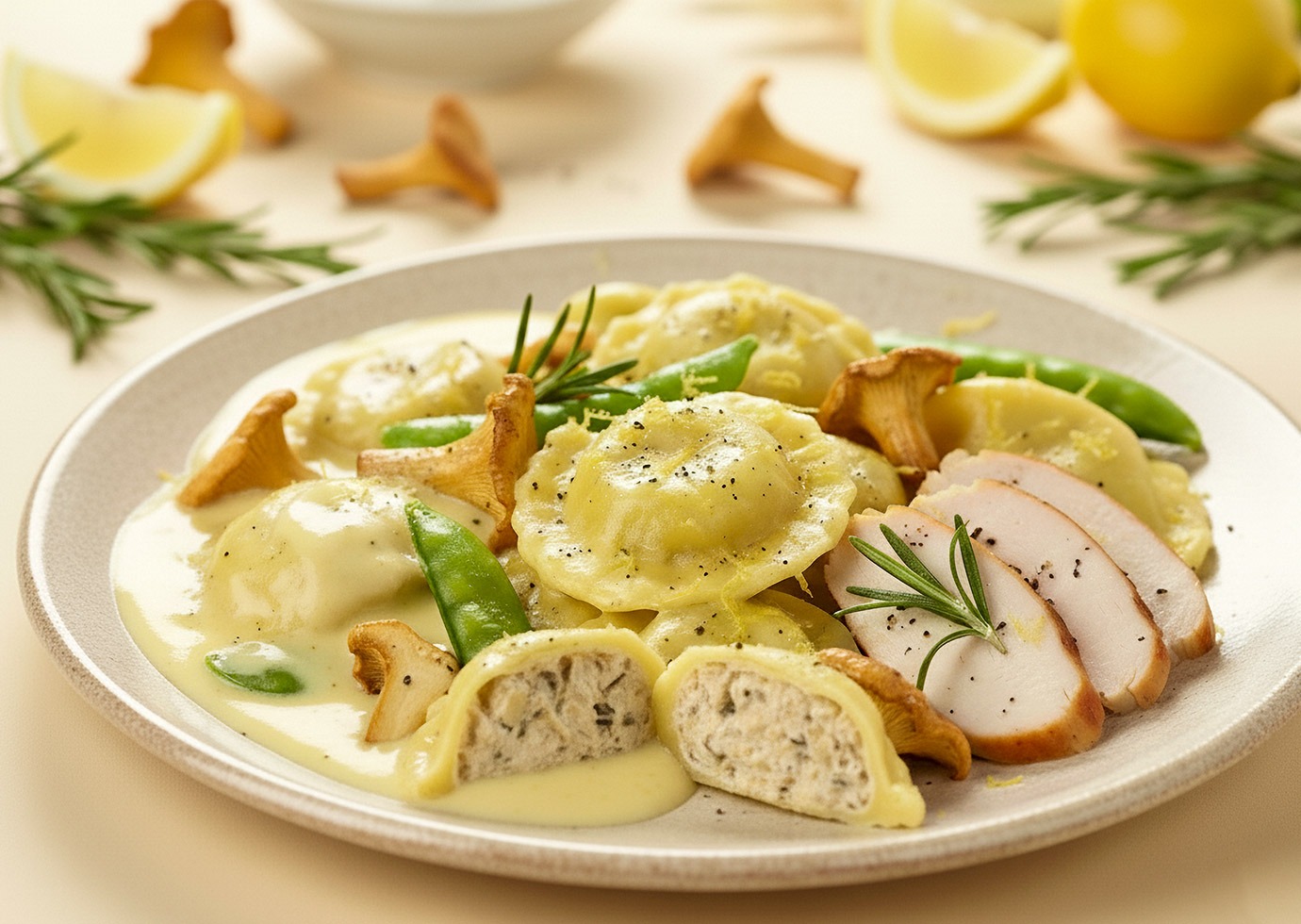 Gefüllte Finferli Pasta mit Pfifferlingen, leichter Zitronen-Sahnesoß, frischen Zuckerschoten und geräuchertem Hähnchenbrustfilet
